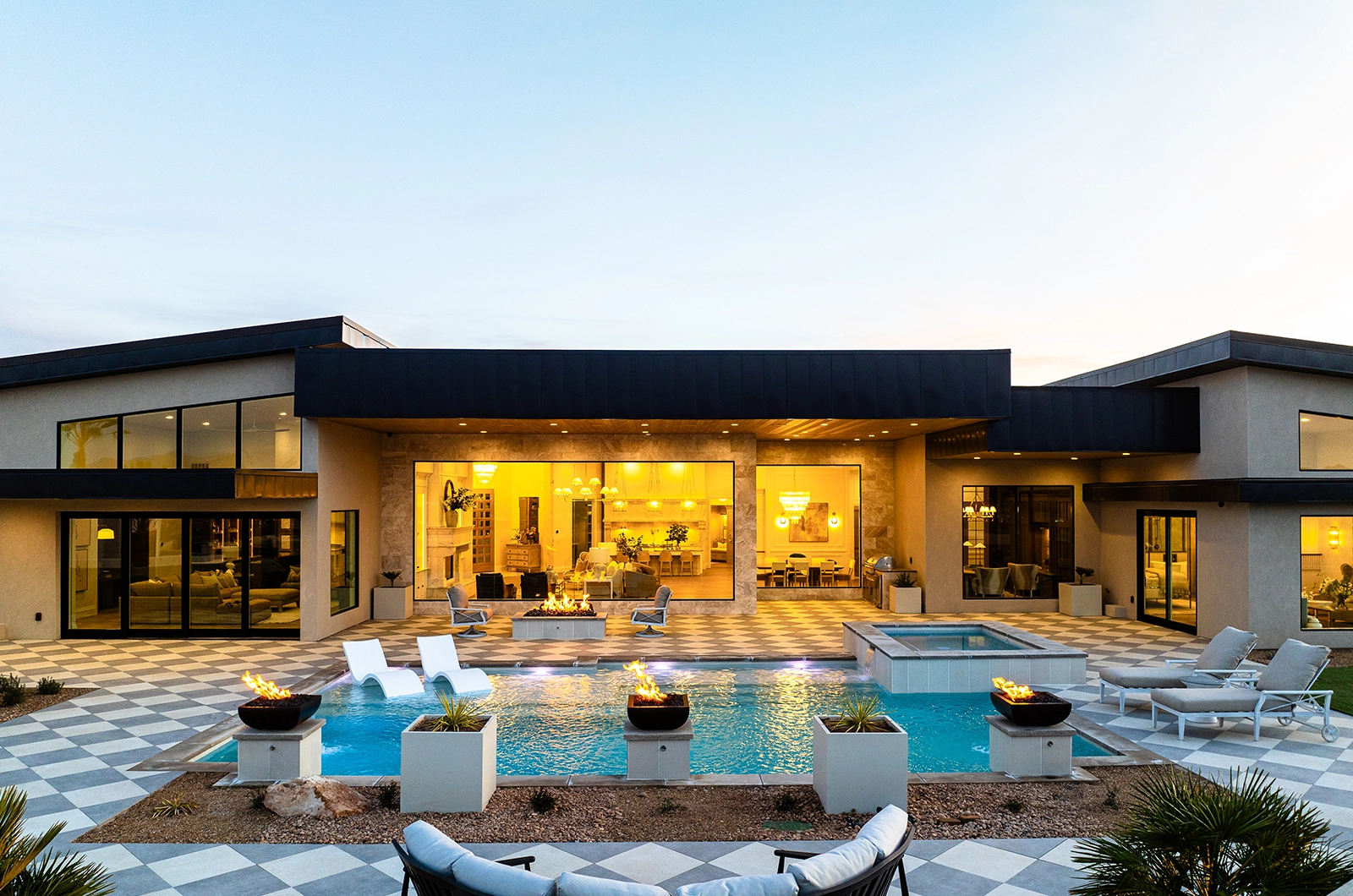 Luxury Southern Utah Home — Pool and Fire Pits at Dusk